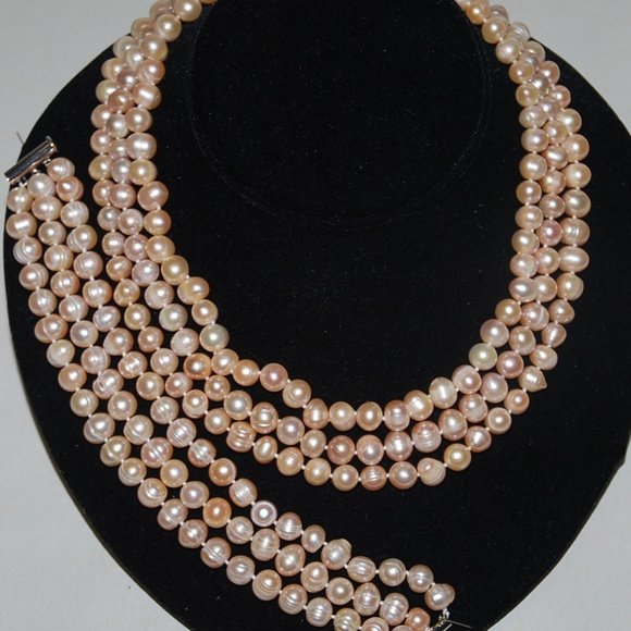 3-Strand 7mm Peach Freshwater Pearl Necklace & Bracelet Set - Picture 1 of 9